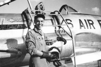 Errol D. Severe beside a T-33 Shooting Star at Silver Wings Field